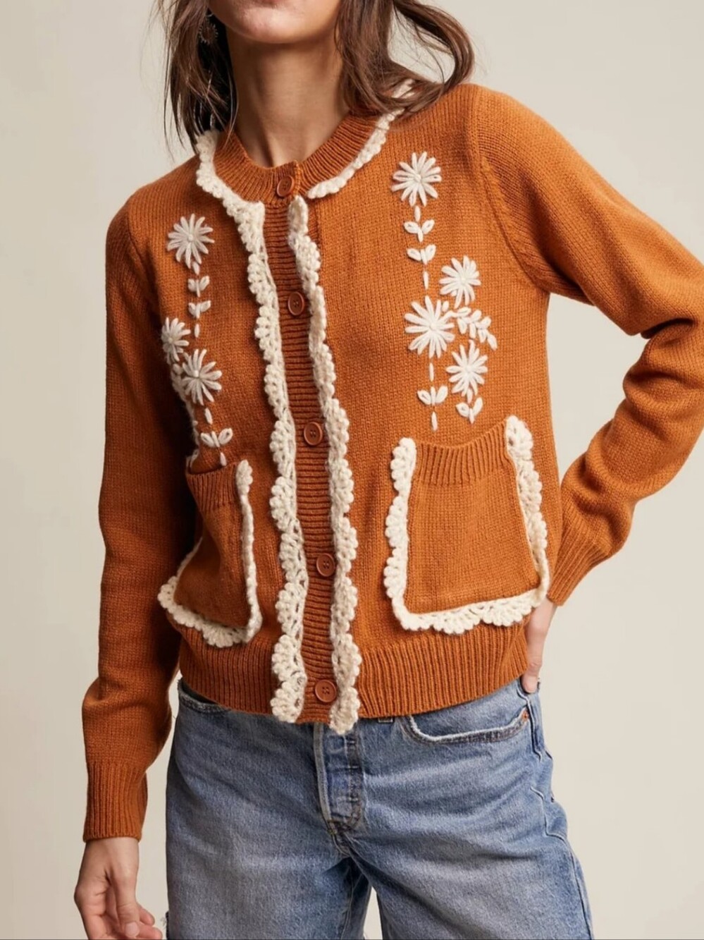 Listicle Embroidered Flower Detailed Button Front Cardigan Size Large